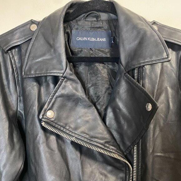Calvin Klein Jeans Women's Black Faux Leather Jacket Large Moto Style Zip Pocket - Picture 13 of 14
